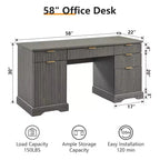 Bureau SinCiDo 58, bureau d'ordinateur moderne à rainures, avec 5 tiroirs et 1 meuble de rangement réglable, bureau pour l'étude et la chambre