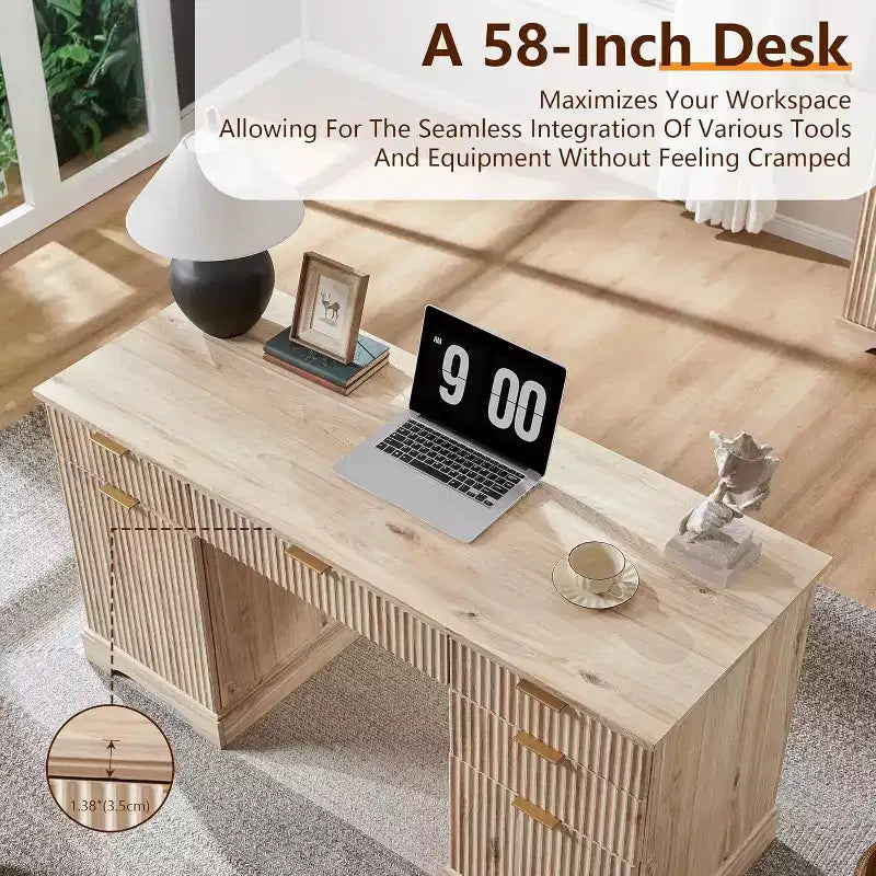 Bureau SinCiDo 58, bureau d'ordinateur moderne à rainures, avec 5 tiroirs et 1 meuble de rangement réglable, bureau pour l'étude et la chambre