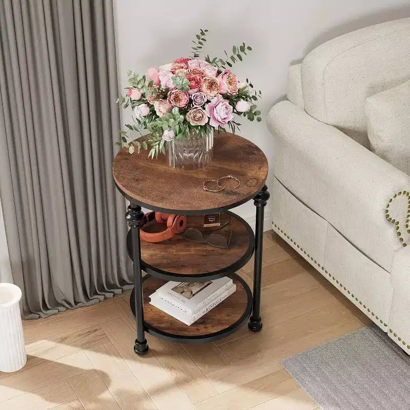 Acekool Table d'appoint ronde à 3 niveaux avec cadre en métal, table de chevet rustique pour salon et chambre à coucher, design industriel