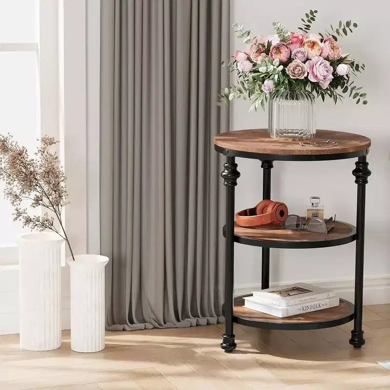 Acekool Table d'appoint ronde à 3 niveaux avec cadre en métal, table de chevet rustique pour salon et chambre à coucher, design industriel