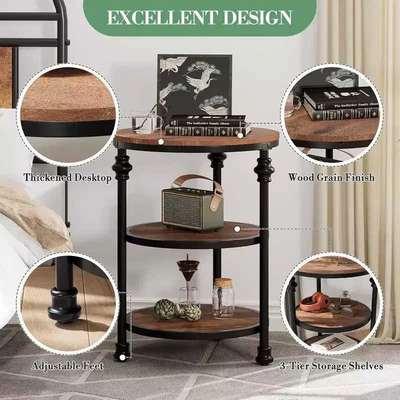 Acekool Table d'appoint ronde à 3 niveaux avec cadre en métal, table de chevet rustique pour salon et chambre à coucher, design industriel
