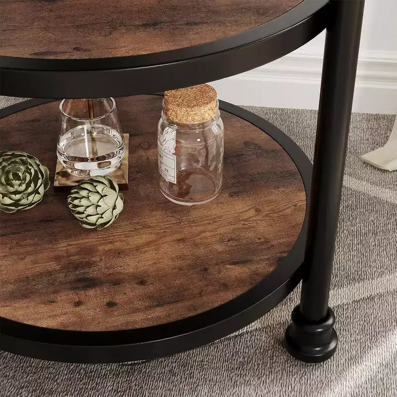 Acekool Table d'appoint ronde à 3 niveaux avec cadre en métal, table de chevet rustique pour salon et chambre à coucher, design industriel