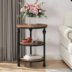 Acekool Table d'appoint ronde à 3 niveaux avec cadre en métal, table de chevet rustique pour salon et chambre à coucher, design industriel