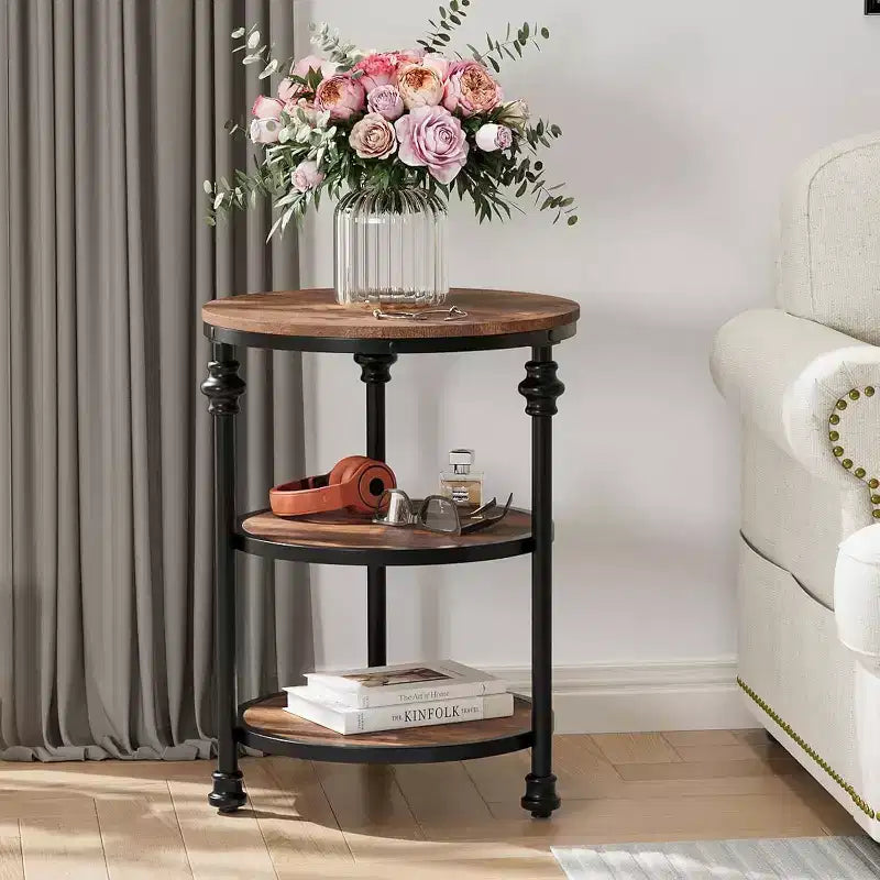 Acekool Table d'appoint ronde à 3 niveaux avec cadre en métal, table de chevet rustique pour salon et chambre à coucher, design industriel