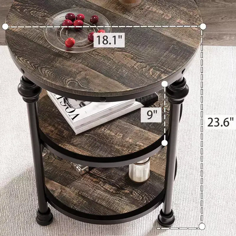 Acekool Table d'appoint ronde à 3 niveaux avec cadre en métal, table de chevet rustique pour salon et chambre à coucher, design industriel