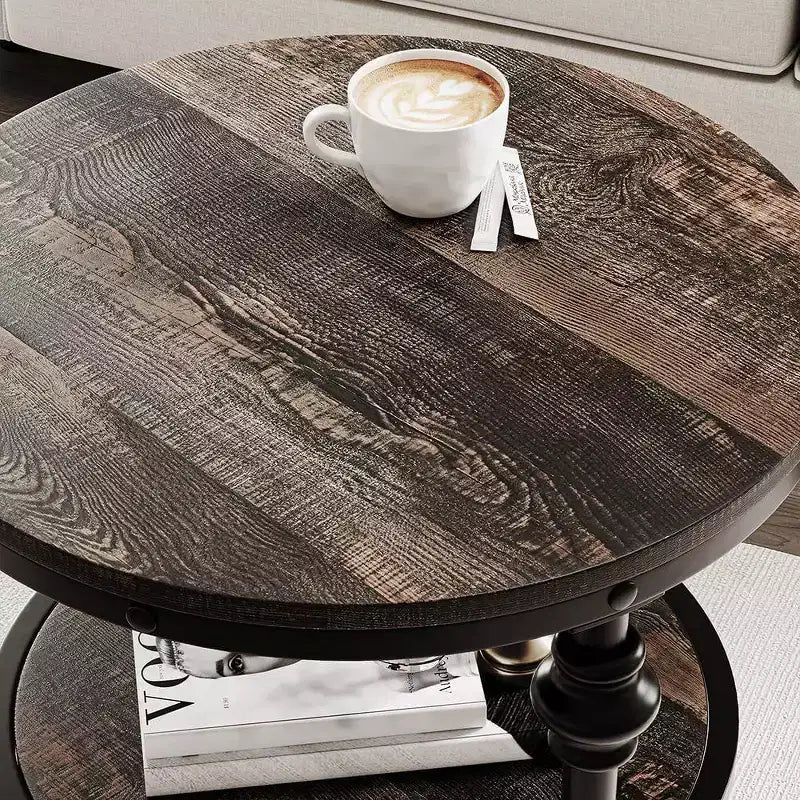 Acekool Table d'appoint ronde à 3 niveaux avec cadre en métal, table de chevet rustique pour salon et chambre à coucher, design industriel