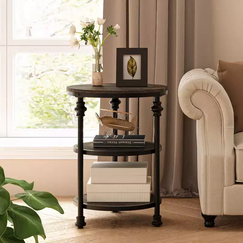 Acekool Table d'appoint ronde à 3 niveaux avec cadre en métal, table de chevet rustique pour salon et chambre à coucher, design industriel