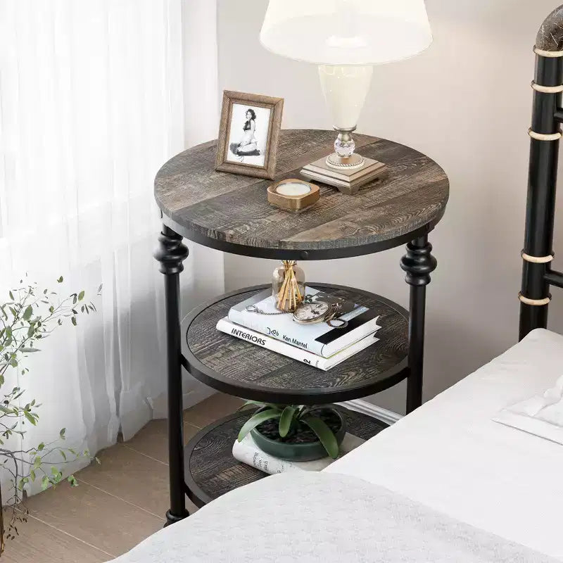 Acekool Table d'appoint ronde à 3 niveaux avec cadre en métal, table de chevet rustique pour salon et chambre à coucher, design industriel