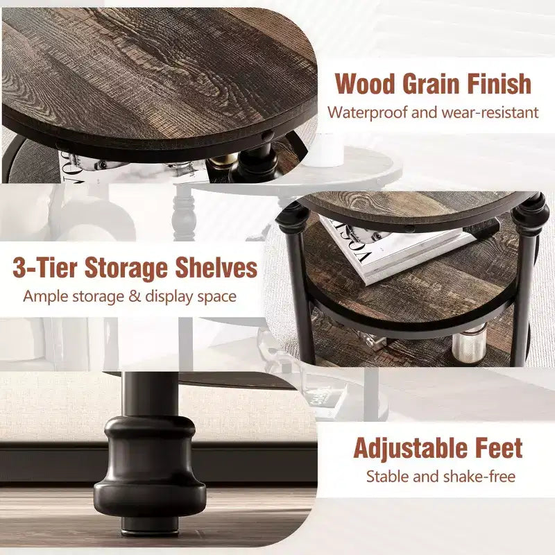 Acekool Table d'appoint ronde à 3 niveaux avec cadre en métal, table de chevet rustique pour salon et chambre à coucher, design industriel