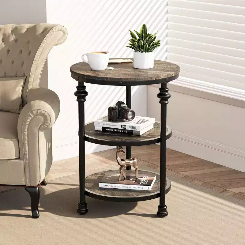 Acekool Table d'appoint ronde à 3 niveaux avec cadre en métal, table de chevet rustique pour salon et chambre à coucher, design industriel