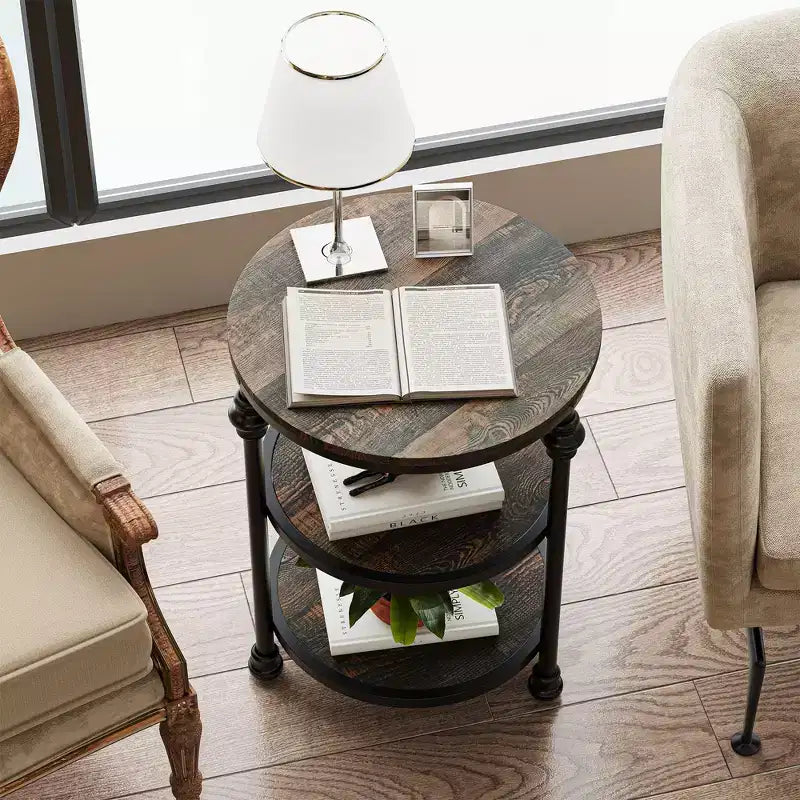 Acekool Table d'appoint ronde à 3 niveaux avec cadre en métal, table de chevet rustique pour salon et chambre à coucher, design industriel