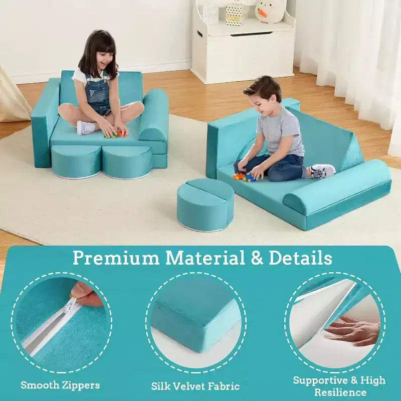 Canapé de jeu modulaire Acekool pour enfants - Ensemble de 15 pièces avec housses en velours doux, formes reconfigurables pour salles de jeux et divertissement intérieur (bleu)