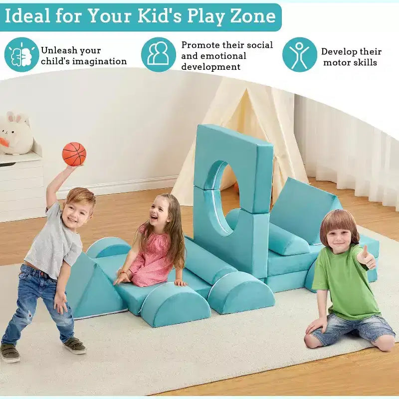 Canapé de jeu modulaire Acekool pour enfants - Ensemble de 15 pièces avec housses en velours doux, formes reconfigurables pour salles de jeux et divertissement intérieur (bleu)