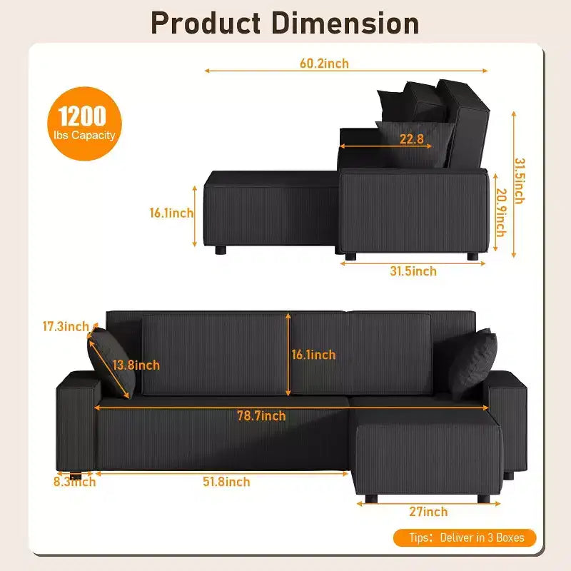 Canapé sectionnel en velours côtelé à rayures de 96 pouces, canapé sectionnel surdimensionné moderne en forme de L, pour salon, appartement, studio