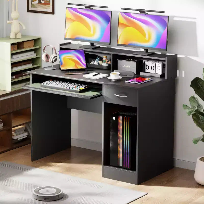 FDW Bureau d'ordinateur, bureau de jeu multifonctionnel avec tiroirs et plateau de clavier, noir