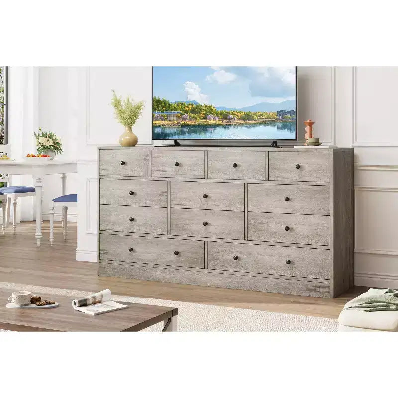 Commode à 12 tiroirs pour chambre, commode en bois de 155 cm, commodes hautes avec rails métalliques lisses, pour salon, couloir