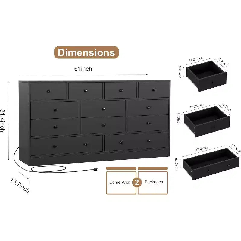 Commode à 12 tiroirs pour chambre, commode en bois de 155 cm, commodes hautes avec rails métalliques lisses, pour salon, couloir