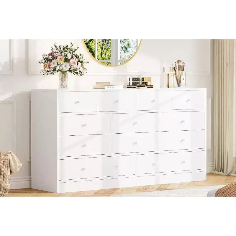 Commode à 12 tiroirs pour chambre, commode en bois de 155 cm, commodes hautes avec rails métalliques lisses, pour salon, couloir