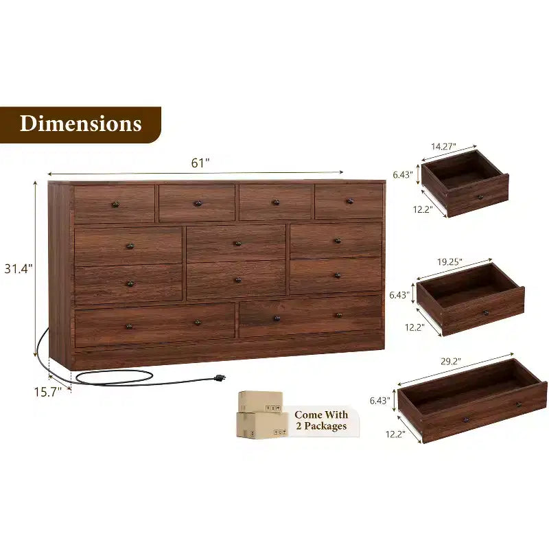 Commode à 12 tiroirs pour chambre, commode en bois de 155 cm, commodes hautes avec rails métalliques lisses, pour salon, couloir