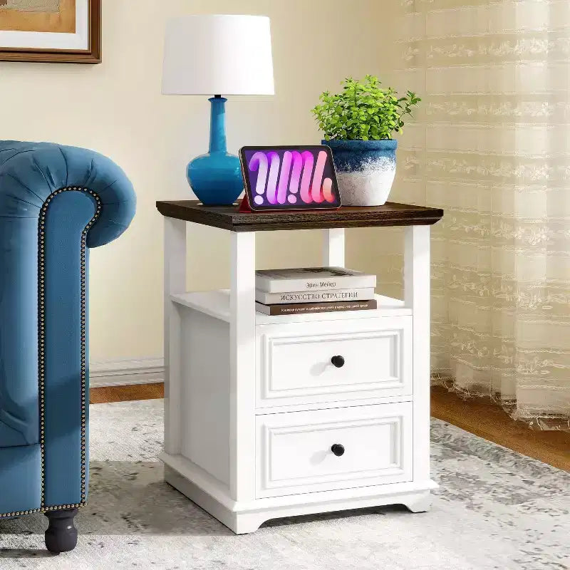Table de chevet Dyonery 18 Table d'appoint blanche avec station de charge Table de chevet haute en bois rustique