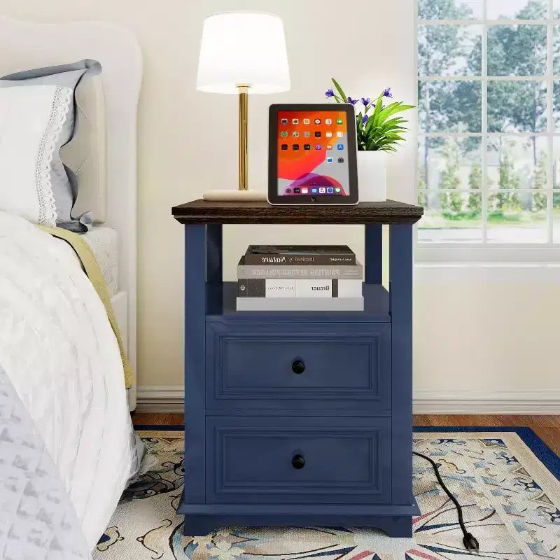Table de chevet Dyonery 18 Table d'appoint blanche avec station de charge Table de chevet haute en bois rustique