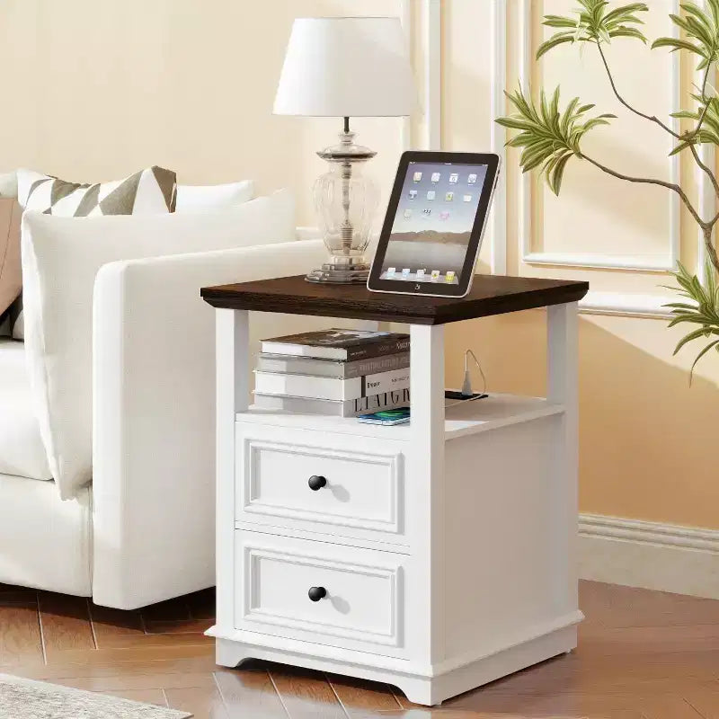 Table de chevet Dyonery 18 Table d'appoint blanche avec station de charge Table de chevet haute en bois rustique