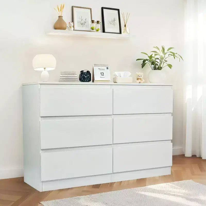 Commode à 6 tiroirs profonds Okak pour chambre, commode de placard moderne en bois, armoire de rangement spacieuse, grande table de chevet pour salon ou entrée