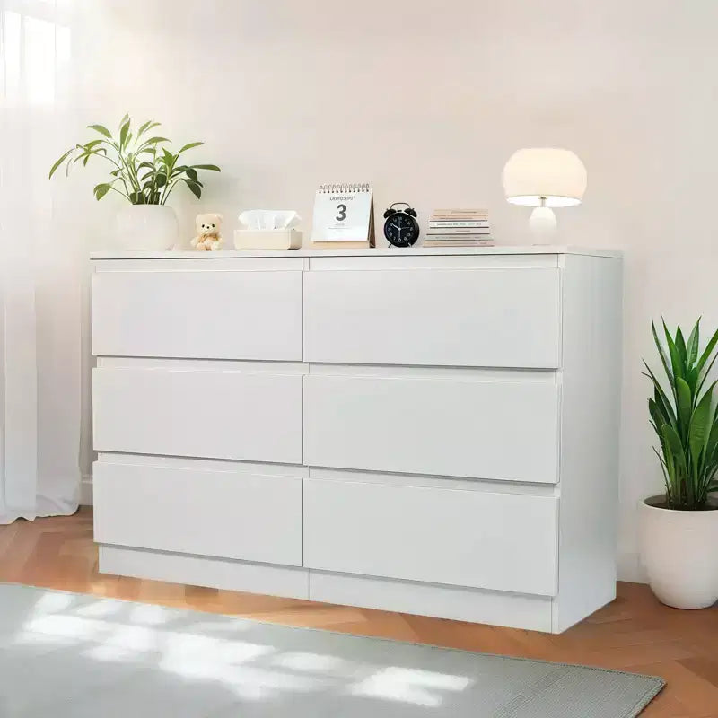 Commode à 6 tiroirs profonds Okak pour chambre, commode de placard moderne en bois, armoire de rangement spacieuse, grande table de chevet pour salon ou entrée