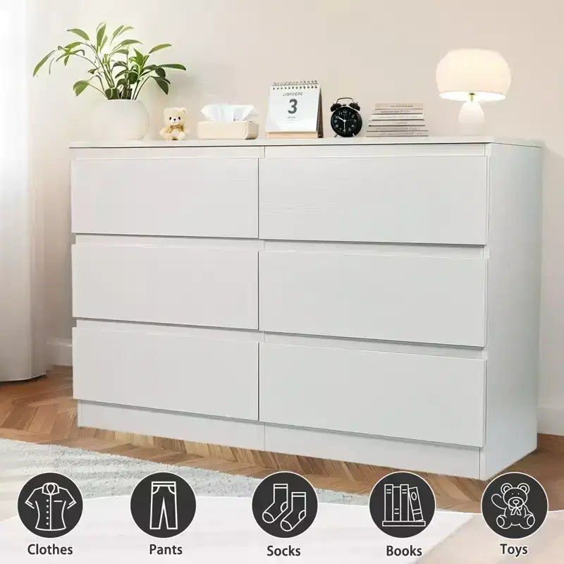 Commode à 6 tiroirs profonds Okak pour chambre, commode de placard moderne en bois, armoire de rangement spacieuse, grande table de chevet pour salon ou entrée