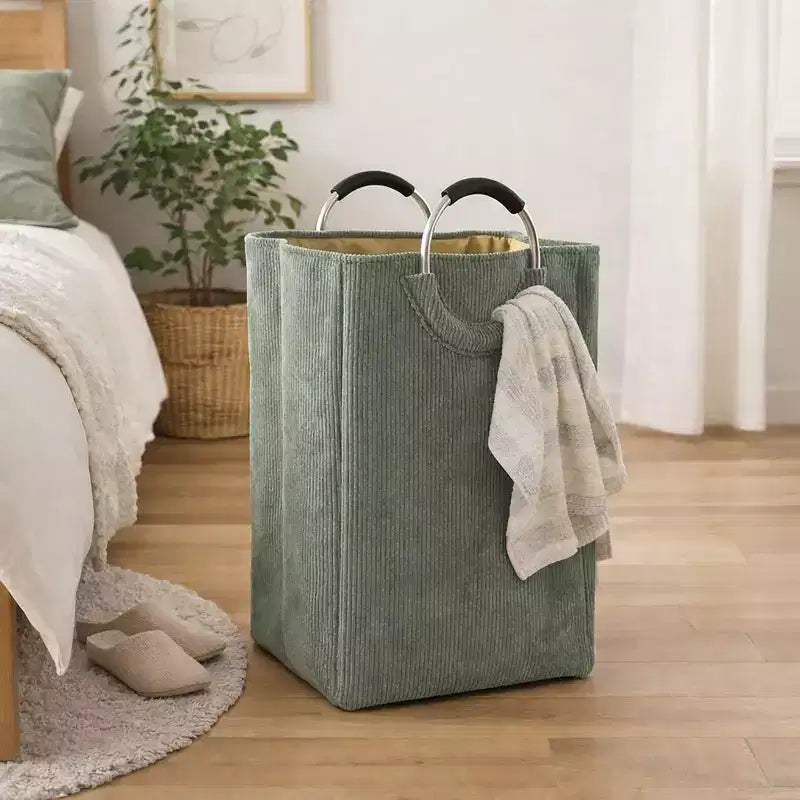 Panier à linge en velours côtelé Evideco French Home Goods 55L vert sauge