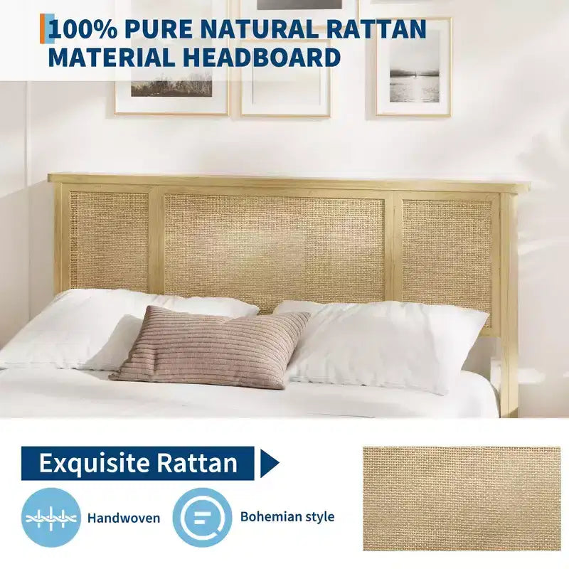 Cadre de lit GustoWave avec tête de lit en rotin naturel, lattes en bois robustes