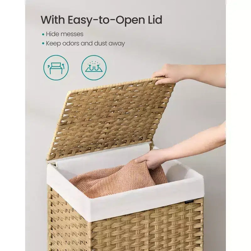 Panier à linge roulant avec roulettes, panier en rotin synthétique à 2 compartiments avec doublure amovible