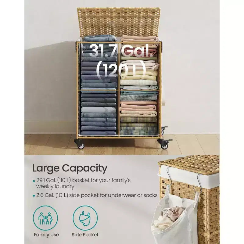 Panier à linge roulant avec roulettes, panier en rotin synthétique à 2 compartiments avec doublure amovible