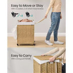 Panier à linge roulant avec roulettes, panier en rotin synthétique à 2 compartiments avec doublure amovible