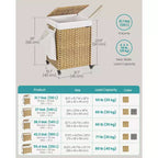 Panier à linge roulant avec roulettes, panier en rotin synthétique à 2 compartiments avec doublure amovible