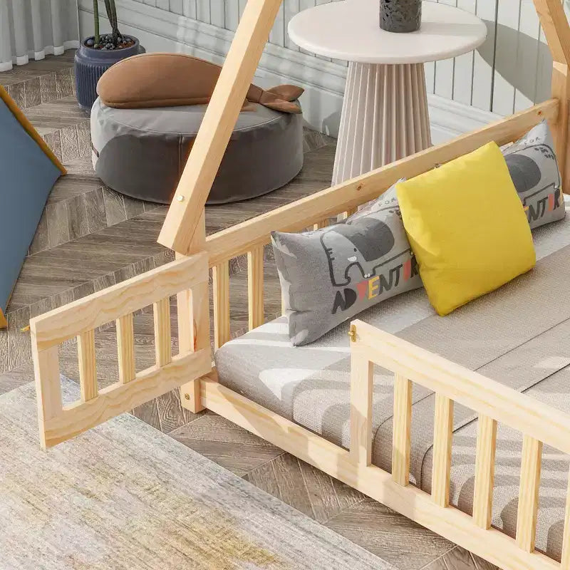 MAYEERTY Lit au sol en forme de tente avec barrières, porte, beige