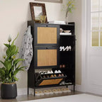 CuisinSmart 3 Tier Free Standing Shoe Cabinet with Natural Rattan, Shoe Organizer with Adjustable Shelves, Narrow Shoe Rack for Hallway, Black