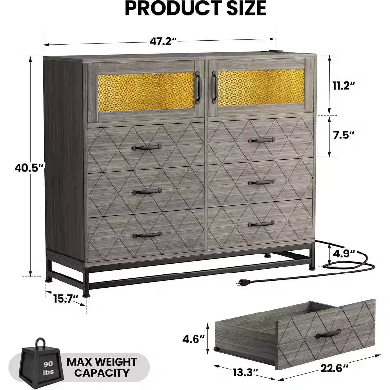 1 Commode 6 tiroirs avec ports USB et lumières RVB - Armoire de rangement 2 portes pour chambre/salon