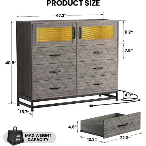 1 Commode 6 tiroirs avec ports USB et lumières RVB - Armoire de rangement 2 portes pour chambre/salon