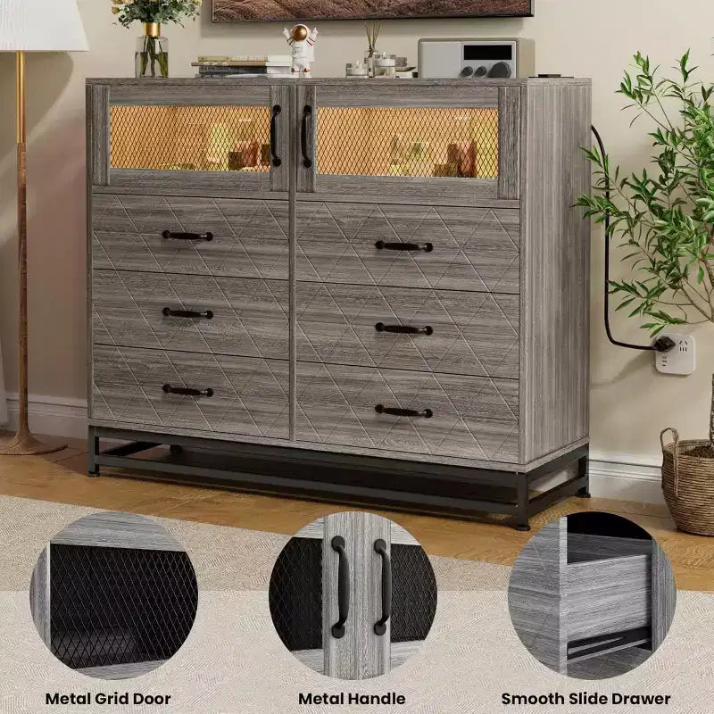 1 Commode 6 tiroirs avec ports USB et lumières RVB - Armoire de rangement 2 portes pour chambre/salon