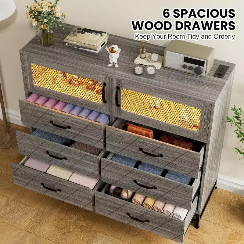 1 Commode 6 tiroirs avec ports USB et lumières RVB - Armoire de rangement 2 portes pour chambre/salon