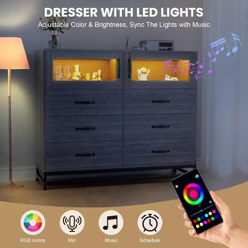 1 Commode 6 tiroirs avec ports USB et lumières RVB - Armoire de rangement 2 portes pour chambre/salon
