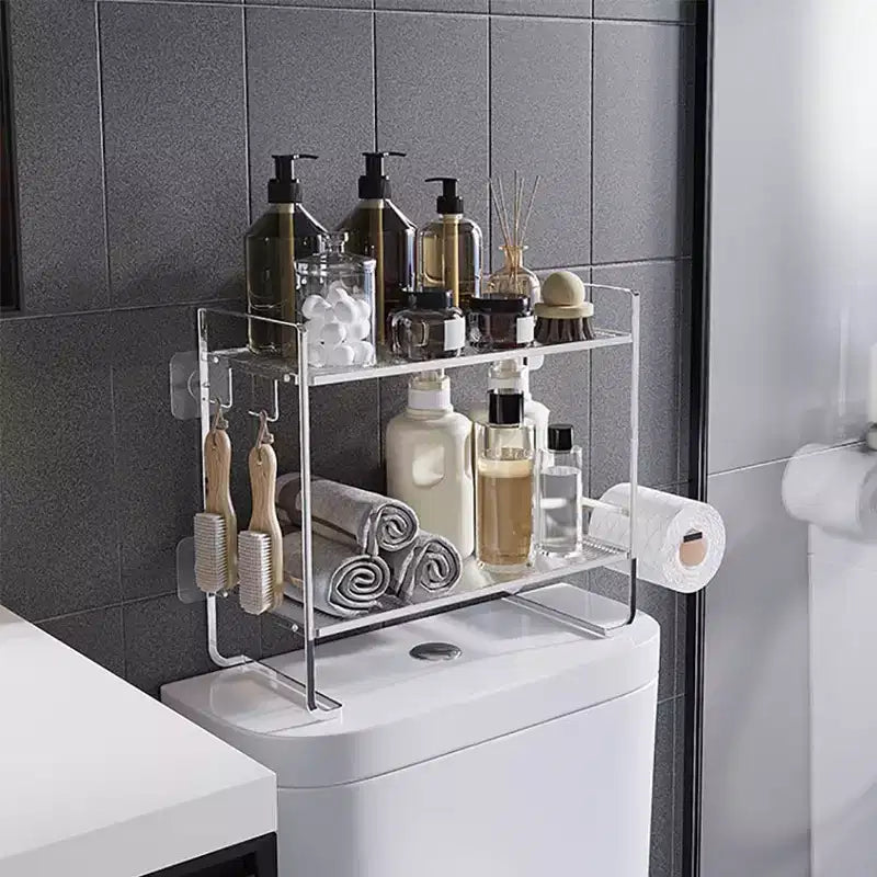 Organisateur de comptoir de salle de bain à 2 niveaux, étagère de rangement sans perçage au-dessus des toilettes avec porte-rouleau de papier toilette et crochets de suspension, organisateur de douche en métal antirouille
