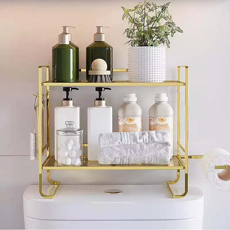 Organisateur de comptoir de salle de bain à 2 niveaux, étagère de rangement sans perçage au-dessus des toilettes avec porte-rouleau de papier toilette et crochets de suspension, organisateur de douche en métal antirouille