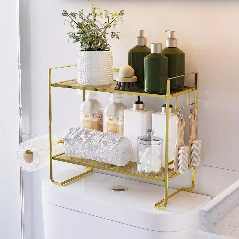 Organisateur de comptoir de salle de bain à 2 niveaux, étagère de rangement sans perçage au-dessus des toilettes avec porte-rouleau de papier toilette et crochets de suspension, organisateur de douche en métal antirouille