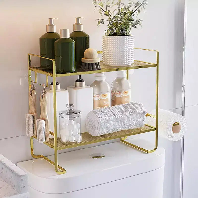 Organisateur de comptoir de salle de bain à 2 niveaux, étagère de rangement sans perçage au-dessus des toilettes avec porte-rouleau de papier toilette et crochets de suspension, organisateur de douche en métal antirouille