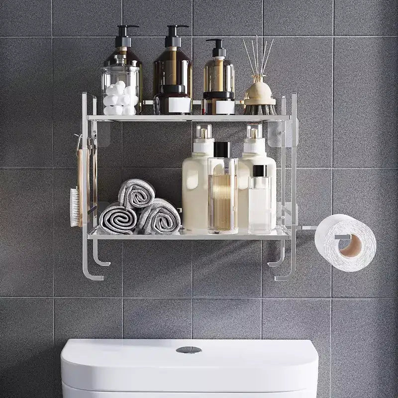 Organisateur de comptoir de salle de bain à 2 niveaux, étagère de rangement sans perçage au-dessus des toilettes avec porte-rouleau de papier toilette et crochets de suspension, organisateur de douche en métal antirouille