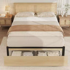 Cadre de lit Boho en rotin naturel avec tête de lit en bois, 2 tiroirs de rangement, lumières LED RVB, plateforme robuste avec lattes, aucun sommier tapissier requis