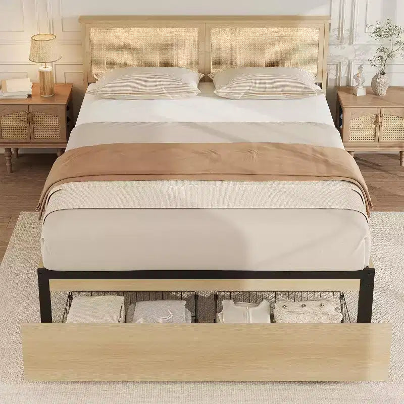 Cadre de lit Boho en rotin naturel avec tête de lit en bois, 2 tiroirs de rangement, lumières LED RVB, plateforme robuste avec lattes, aucun sommier tapissier requis