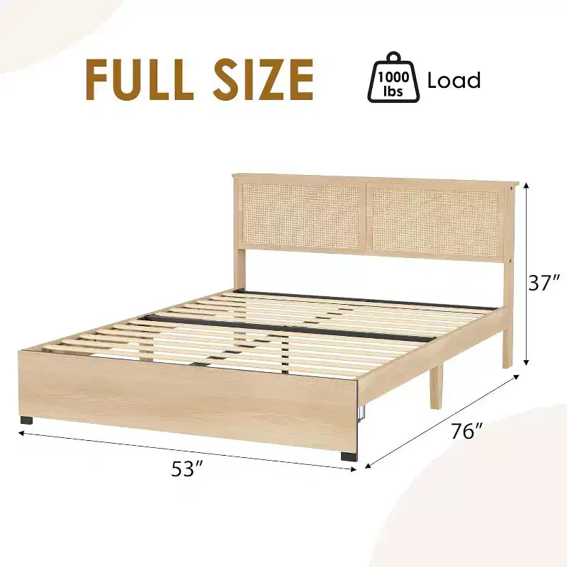 Cadre de lit Boho en rotin naturel avec tête de lit en bois, 2 tiroirs de rangement, lumières LED RVB, plateforme robuste avec lattes, aucun sommier tapissier requis